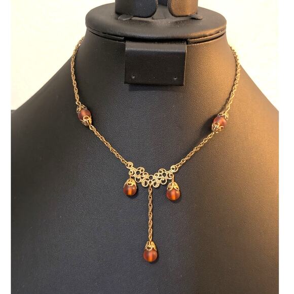 Vintage/Antique Gold Tone Frosted Brown Bead Dangle Chain Hook Clasp Necklace - Picture 1 of 5